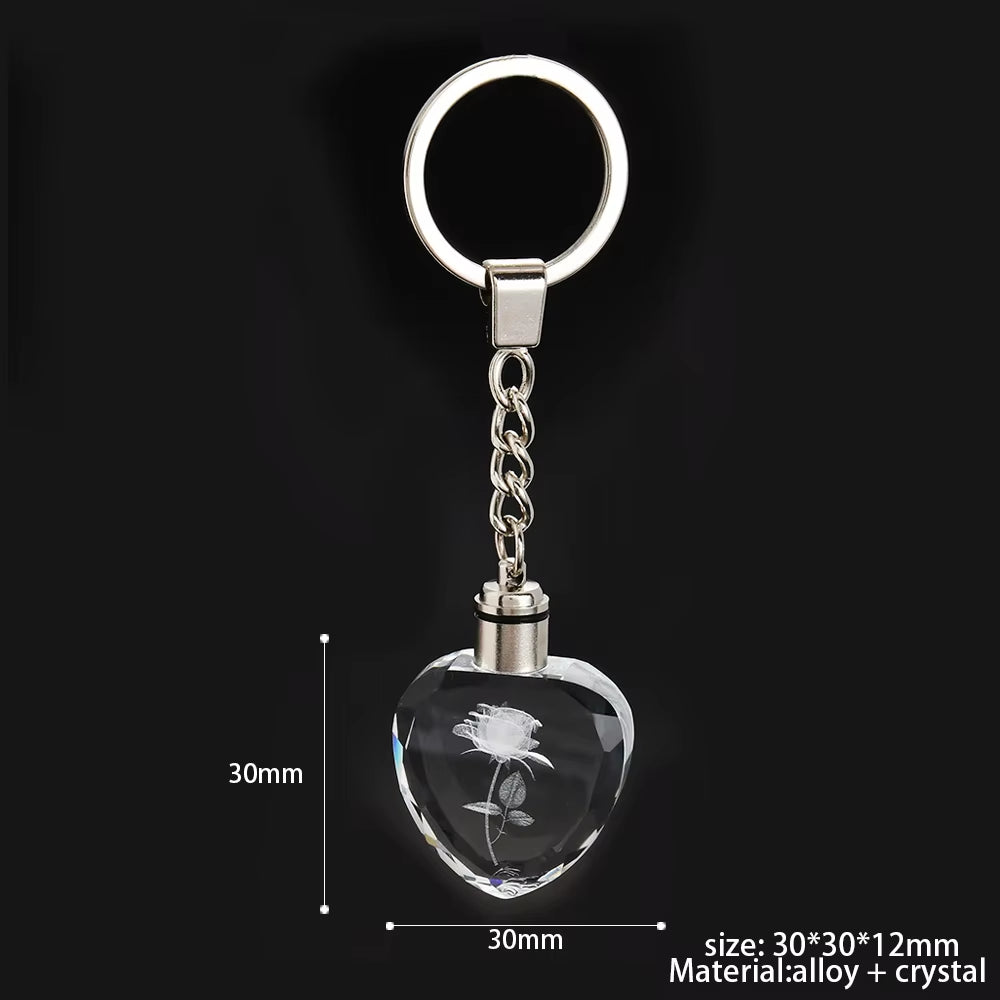 Fashion Colorful Fairy Rose Flower Pattern Love Shape Crystal Rhinestone LED Light Keychain Lover Key Chain Keyring Jewelry