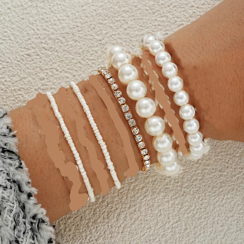 8Pcs Vintage Daisy Flower Pendant Bracelet Set for Women Bohemian Beaded Enamel Star Heart Pearl Bangles Trendy Jewelry Gifts