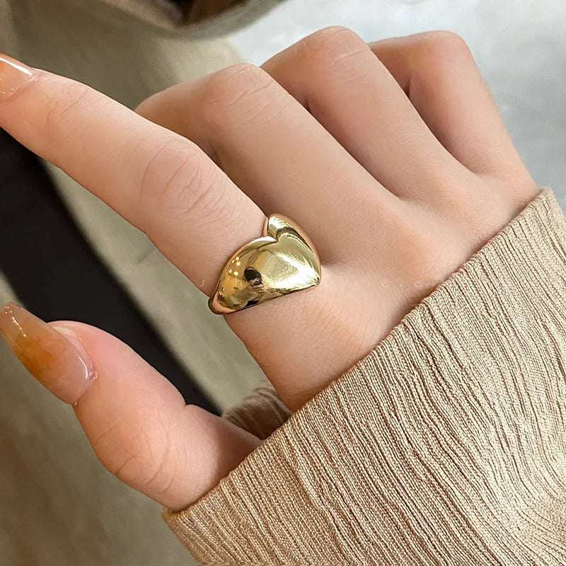 Stainless Steel Simple Smooth Metal Heart Rings for Women Men Y2K Trendy Open Ring Korean Elegant Party Jewelry Couple Gifts