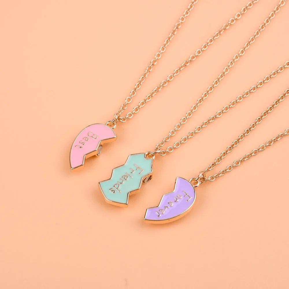 3Pcs/Set Cute 3-Color Heart Broken Stitching Magnetic Best Friend Necklace for Girls BFF Friendship Jewelry Gift