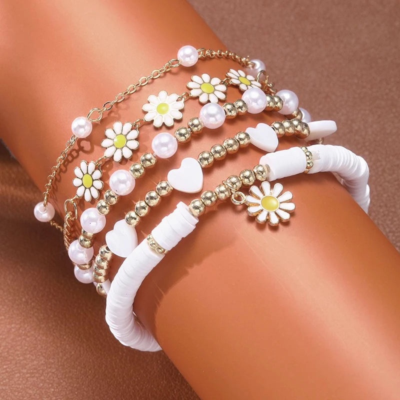 8Pcs Vintage Daisy Flower Pendant Bracelet Set for Women Bohemian Beaded Enamel Star Heart Pearl Bangles Trendy Jewelry Gifts
