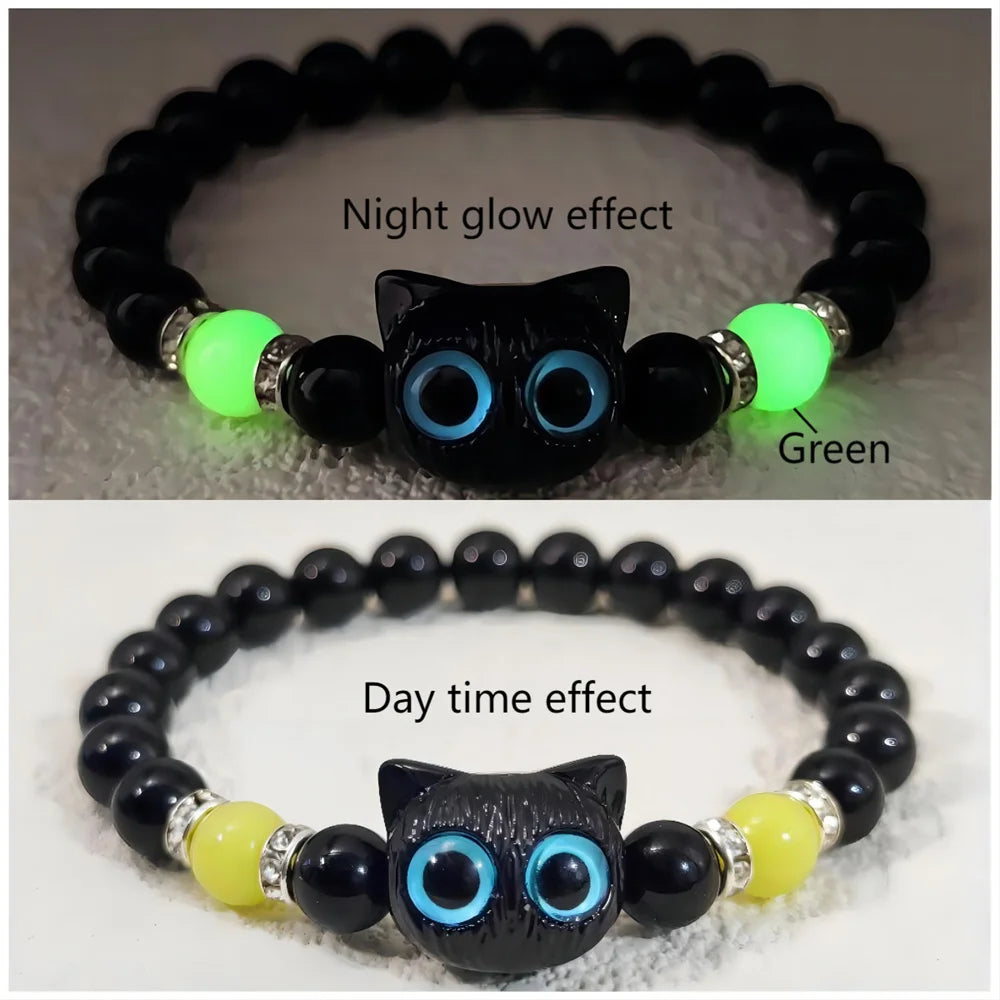 Matching Bracelets Couples Women Men Luminous Cute Cat Friendship Bracelet Black White Cat Head Bangles Glow in the Dark Gift
