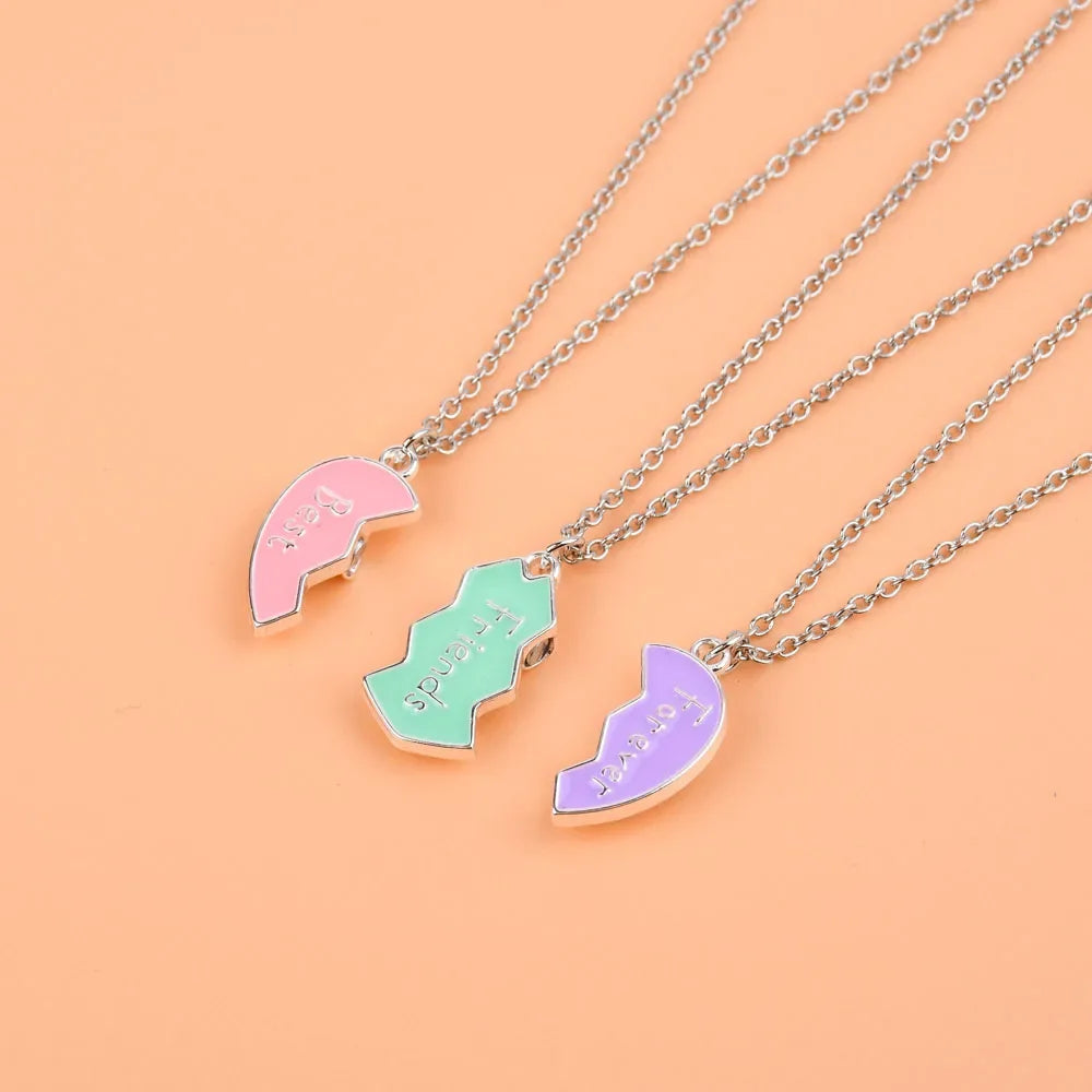 3Pcs/Set Cute 3-Color Heart Broken Stitching Magnetic Best Friend Necklace for Girls BFF Friendship Jewelry Gift
