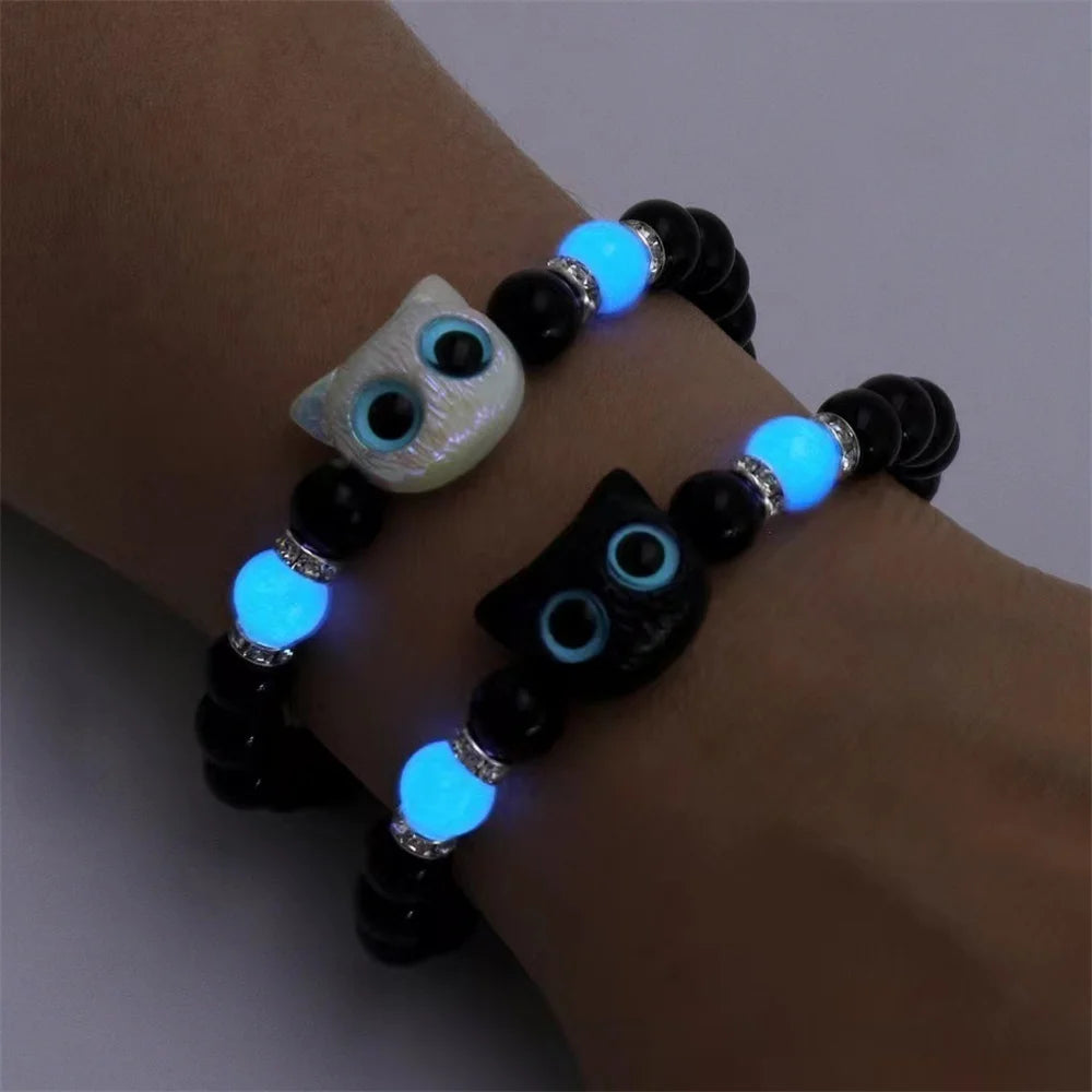 Matching Bracelets Couples Women Men Luminous Cute Cat Friendship Bracelet Black White Cat Head Bangles Glow in the Dark Gift