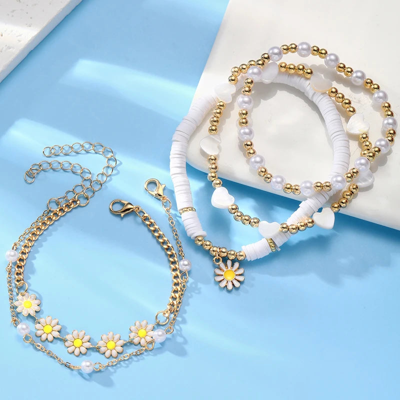 8Pcs Vintage Daisy Flower Pendant Bracelet Set for Women Bohemian Beaded Enamel Star Heart Pearl Bangles Trendy Jewelry Gifts