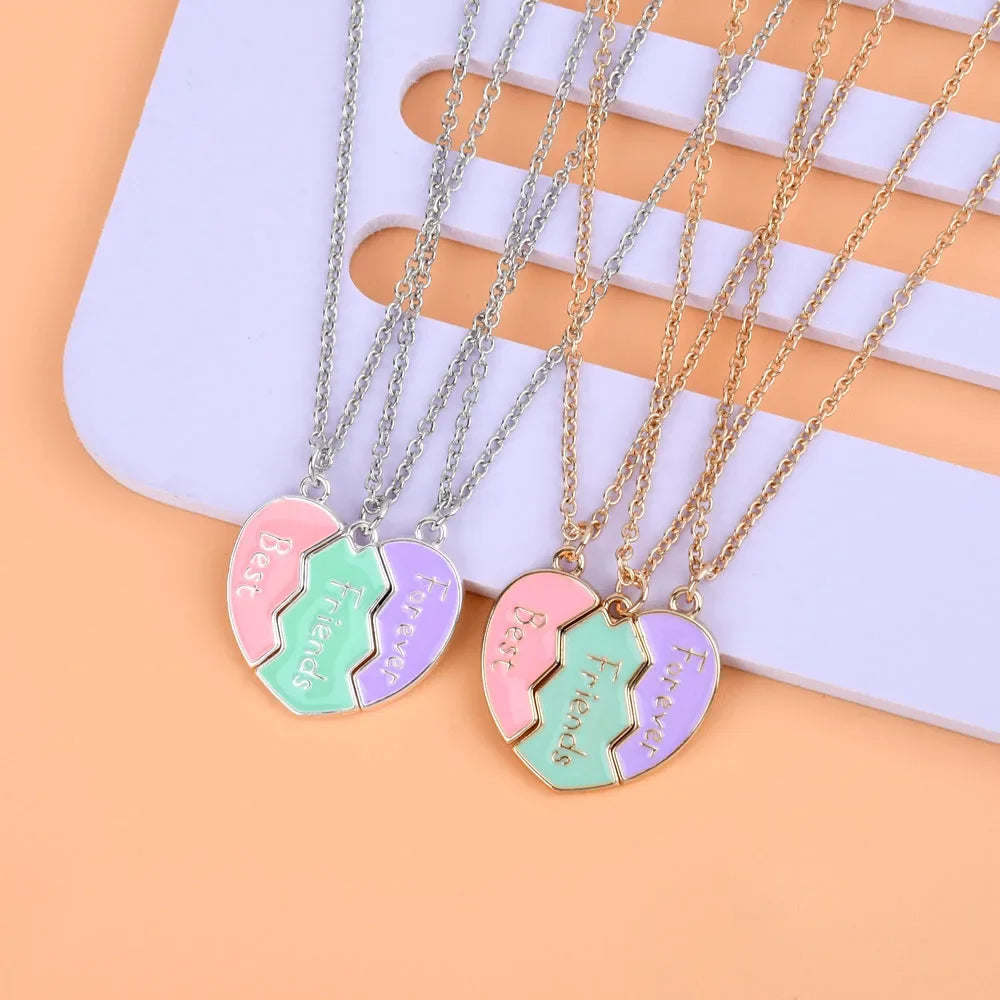 3Pcs/Set Cute 3-Color Heart Broken Stitching Magnetic Best Friend Necklace for Girls BFF Friendship Jewelry Gift