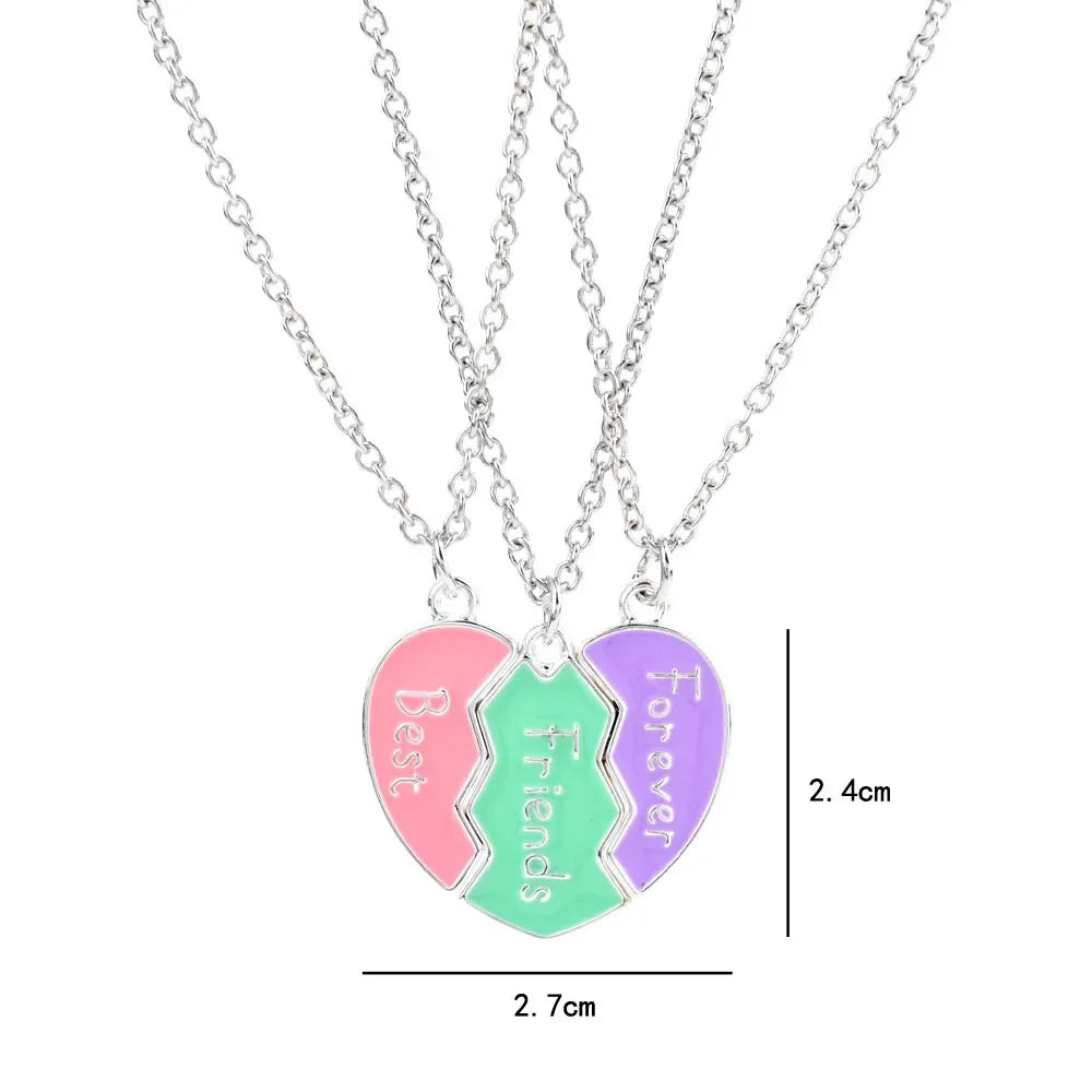 3Pcs/Set Cute 3-Color Heart Broken Stitching Magnetic Best Friend Necklace for Girls BFF Friendship Jewelry Gift
