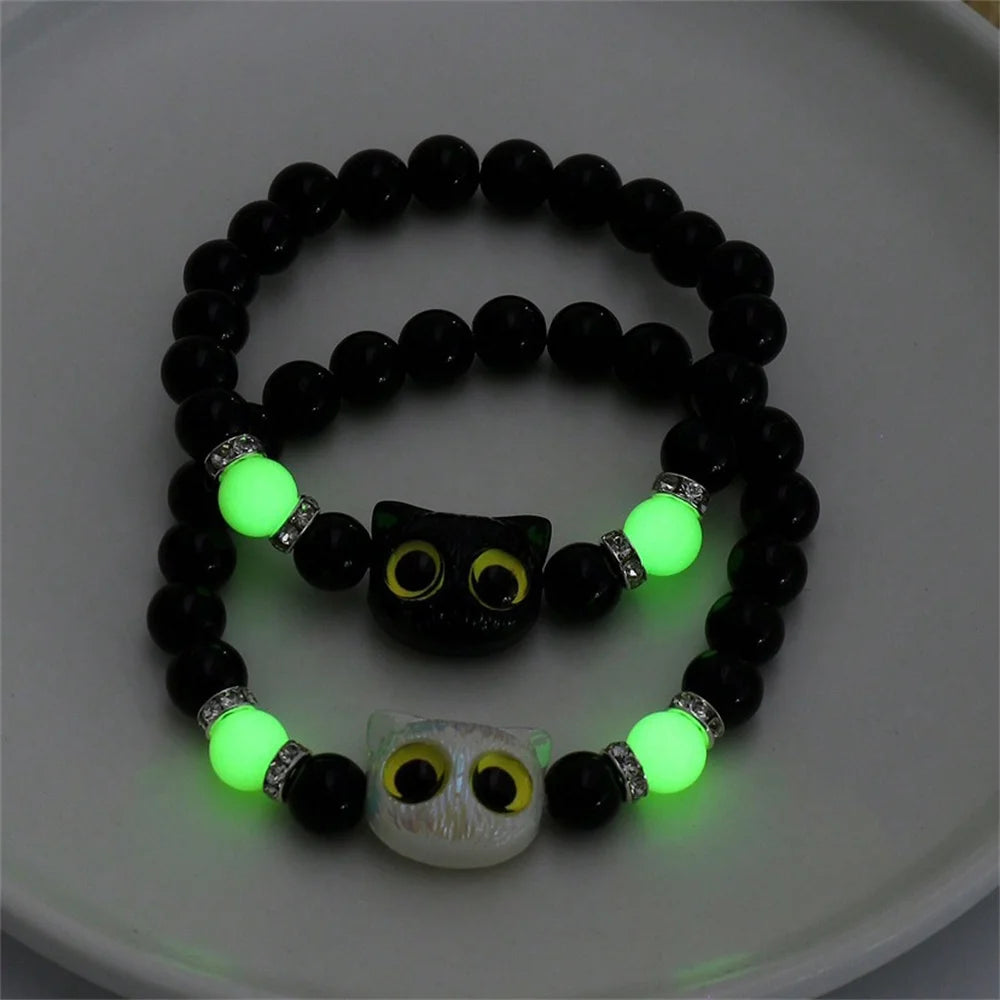Matching Bracelets Couples Women Men Luminous Cute Cat Friendship Bracelet Black White Cat Head Bangles Glow in the Dark Gift