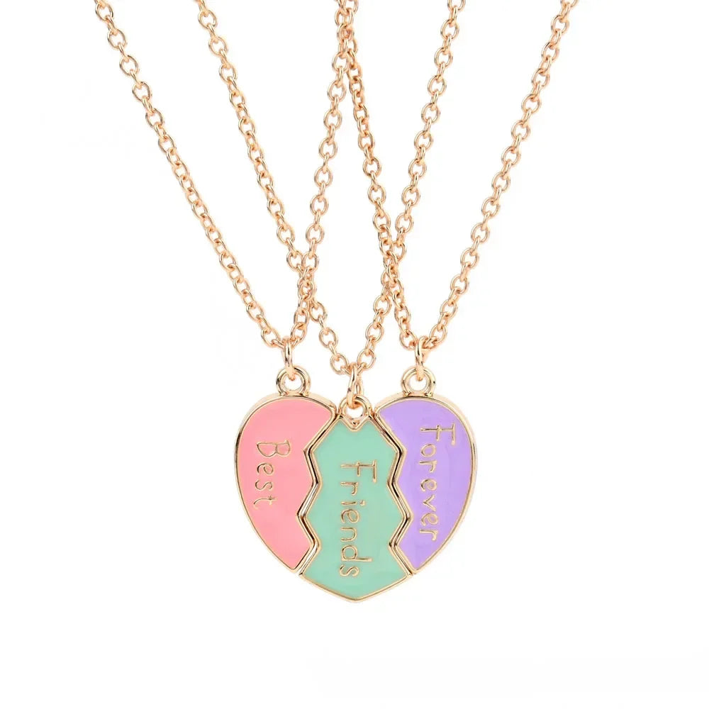 3Pcs/Set Cute 3-Color Heart Broken Stitching Magnetic Best Friend Necklace for Girls BFF Friendship Jewelry Gift
