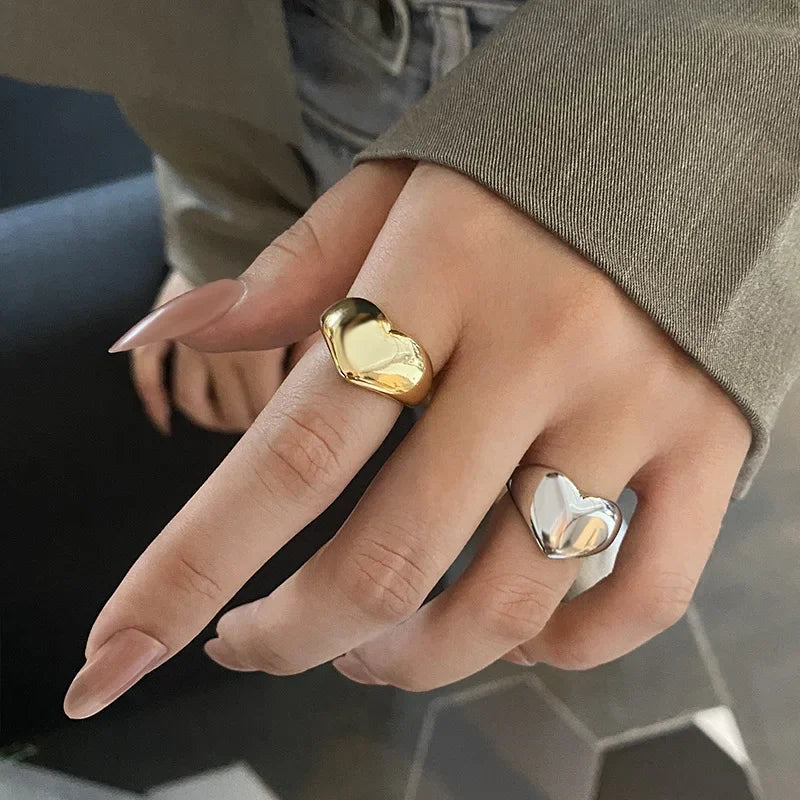 Stainless Steel Simple Smooth Metal Heart Rings for Women Men Y2K Trendy Open Ring Korean Elegant Party Jewelry Couple Gifts
