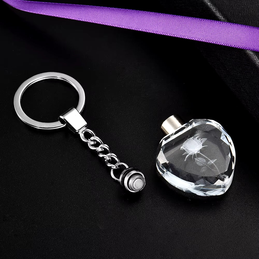 Fashion Colorful Fairy Rose Flower Pattern Love Shape Crystal Rhinestone LED Light Keychain Lover Key Chain Keyring Jewelry