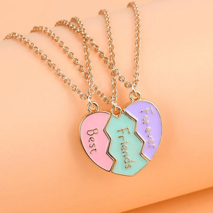 3Pcs/Set Cute 3-Color Heart Broken Stitching Magnetic Best Friend Necklace for Girls BFF Friendship Jewelry Gift