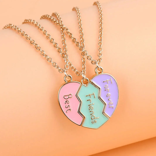 3Pcs/Set Cute 3-Color Heart Broken Stitching Magnetic Best Friend Necklace for Girls BFF Friendship Jewelry Gift