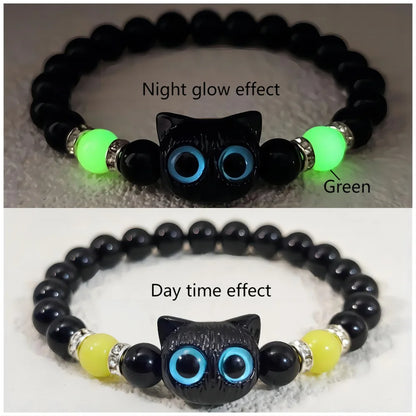 Matching Bracelets Couples Women Men Luminous Cute Cat Friendship Bracelet Black White Cat Head Bangles Glow in the Dark Gift