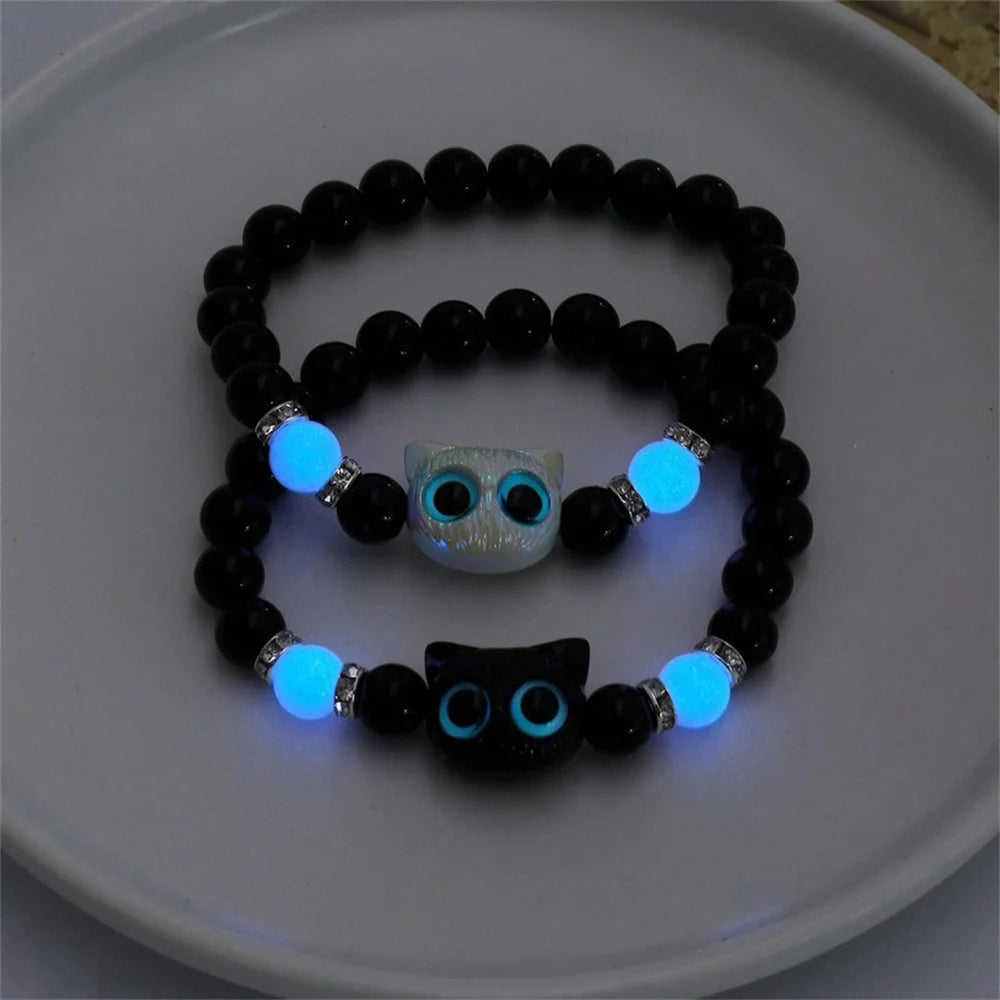 Matching Bracelets Couples Women Men Luminous Cute Cat Friendship Bracelet Black White Cat Head Bangles Glow in the Dark Gift