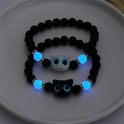 Matching Bracelets Couples Women Men Luminous Cute Cat Friendship Bracelet Black White Cat Head Bangles Glow in the Dark Gift