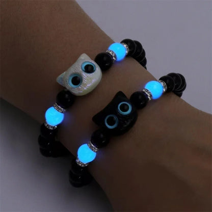 Matching Bracelets Couples Women Men Luminous Cute Cat Friendship Bracelet Black White Cat Head Bangles Glow in the Dark Gift