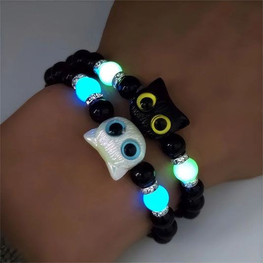 Matching Bracelets Couples Women Men Luminous Cute Cat Friendship Bracelet Black White Cat Head Bangles Glow in the Dark Gift