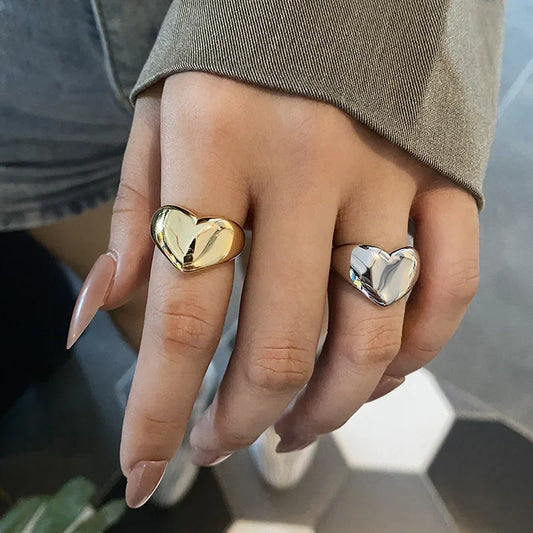 Stainless Steel Simple Smooth Metal Heart Rings for Women Men Y2K Trendy Open Ring Korean Elegant Party Jewelry Couple Gifts