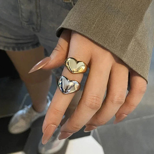 Stainless Steel Simple Smooth Metal Heart Rings for Women Men Y2K Trendy Open Ring Korean Elegant Party Jewelry Couple Gifts