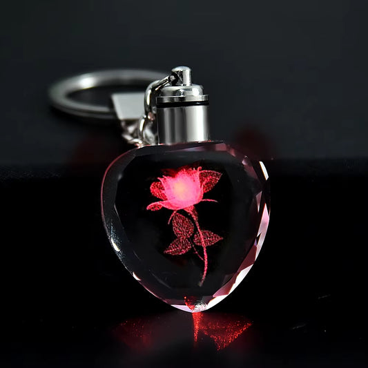 Fashion Colorful Fairy Rose Flower Pattern Love Shape Crystal Rhinestone LED Light Keychain Lover Key Chain Keyring Jewelry